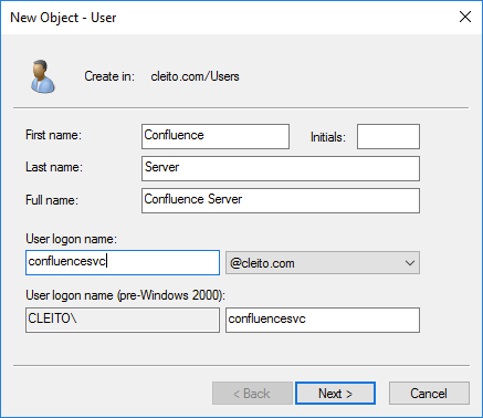 Confluence service account creation in AD - Step 2