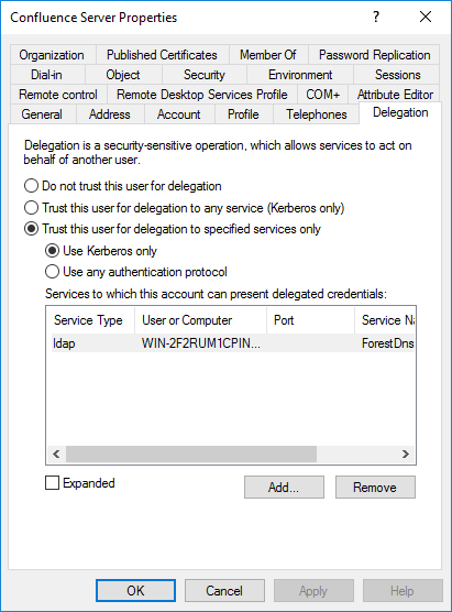 Confluence service account in AD - Delegation