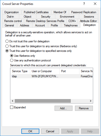 Crowd service account in AD - Delegation