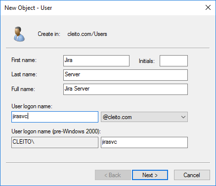 Jira service account creation in AD - Step 2