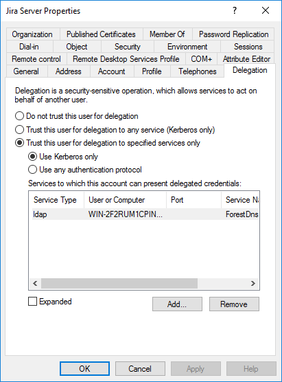 Jira service account in AD - Delegation