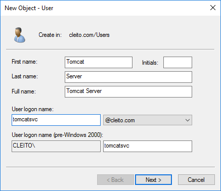 Tomcat service account creation in AD - Step 2