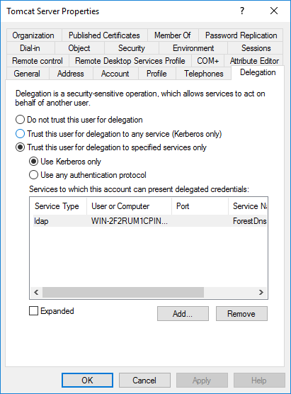 Tomcat service account in AD - Delegation