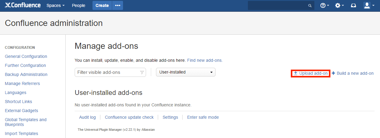 Manage add-on in Confluence