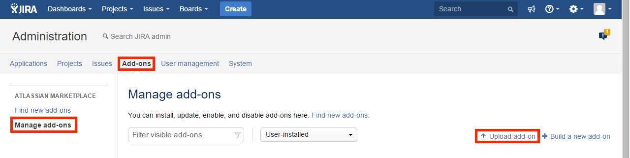 Manage add-on in Jira